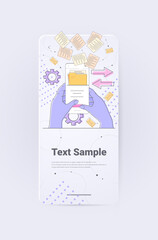 Poster - businessperson hands using smartphone with folder paper work file sharing document management concep