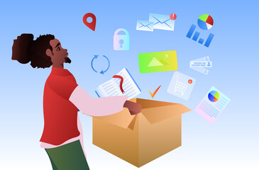 Poster - african american man holding cardboard box with online computer applications social media network concept