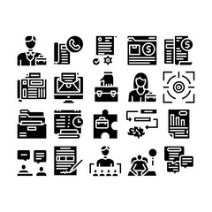 Canvas Print - Administrator Business Glyph Set Vector. Analyzing And Researching Chart, People Administrator Occupation, Interview And Purchases Glyph Pictograms Black Illustrations