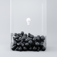 Wall Mural - White Light bulb Floating on black light bulb Overlap in glass box on white background. Minimal idea concept. 3D Render.
