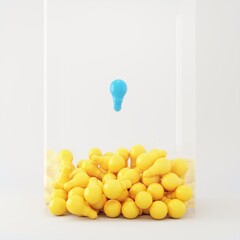 Wall Mural - Blue Light bulb Floating on yellow light bulb Overlap in glass box. Minimal idea concept. 3D Render.