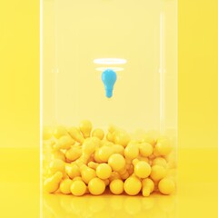 Wall Mural - Blue Light bulb Floating on yellow light bulb Overlap in glass box on yellow background. Minimal idea concept. 3D Render.