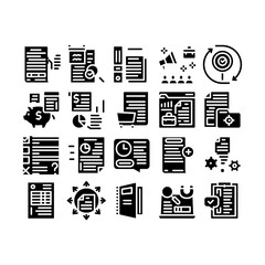 Poster - Audit Finance Report Glyph Set Vector. Researching Company Financial Audit And Documentation, Calculating Credit And Debit Glyph Pictograms Black Illustrations