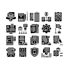 Poster - Policies Data Process Glyph Set Vector. Document And Paper, Contract And Strategy, Law And Company, Insurance And Quality Policies Glyph Pictograms Black Illustrations