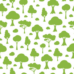 Poster - Vector seamless pattern with green silhouette cartoon trees on white background. Trendy simple design