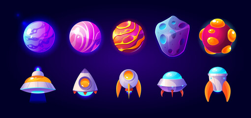 Poster - Ufo, spaceships and rockets with planets or asteroids, alien shuttles. Isolated fantasy cosmic objects, computer game graphic design elements, funny space collection, Cartoon vector illustration, set