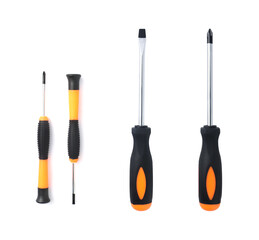 Set screwdriver, metal tool, plastic handle, orange-black, for repairing, isolated on white background.