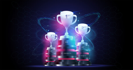 trophy cup. abstract vector 3d trophy. champions award on futuristic background. esports victory con