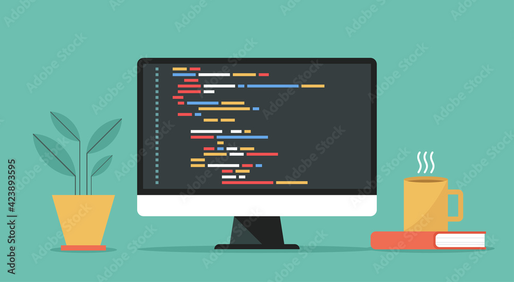 coding and programming software on window computer screen concept, vector flat design illustration - obrazy, fototapety, plakaty 
