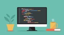 Coding And Programming Software On Window Computer Screen Concept, Vector Flat Design Illustration