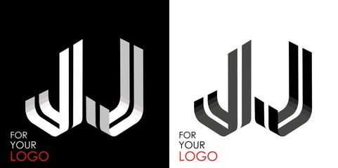 Isometric letter J in two perspectives. From stripes, lines. Template for creating logos, emblems, monograms. Black and white options. 3D art symbol. Vector illustration. Other letters in my portfolio