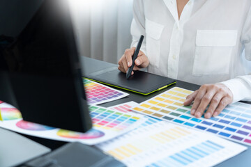 Poster - interior designer or creative graphic designer working on project architectural with colour samples 
