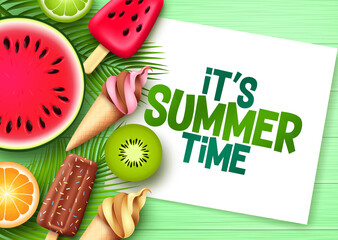 Wall Mural - Summer time vector template design. It's summer time text in white frame space with tropical fruit elements like ice cream, popsicle, watermelon and citrus for tropical season. Vector illustration. 
