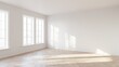 © Washdog - Abstract of empty white room with sun light cast the three vertical tall window shadow on the wall and wood laminate floor, Perspective of minimal interior design architecture. 3D illustration