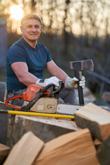 Wall Mural - Lumberjack by sawn off logs