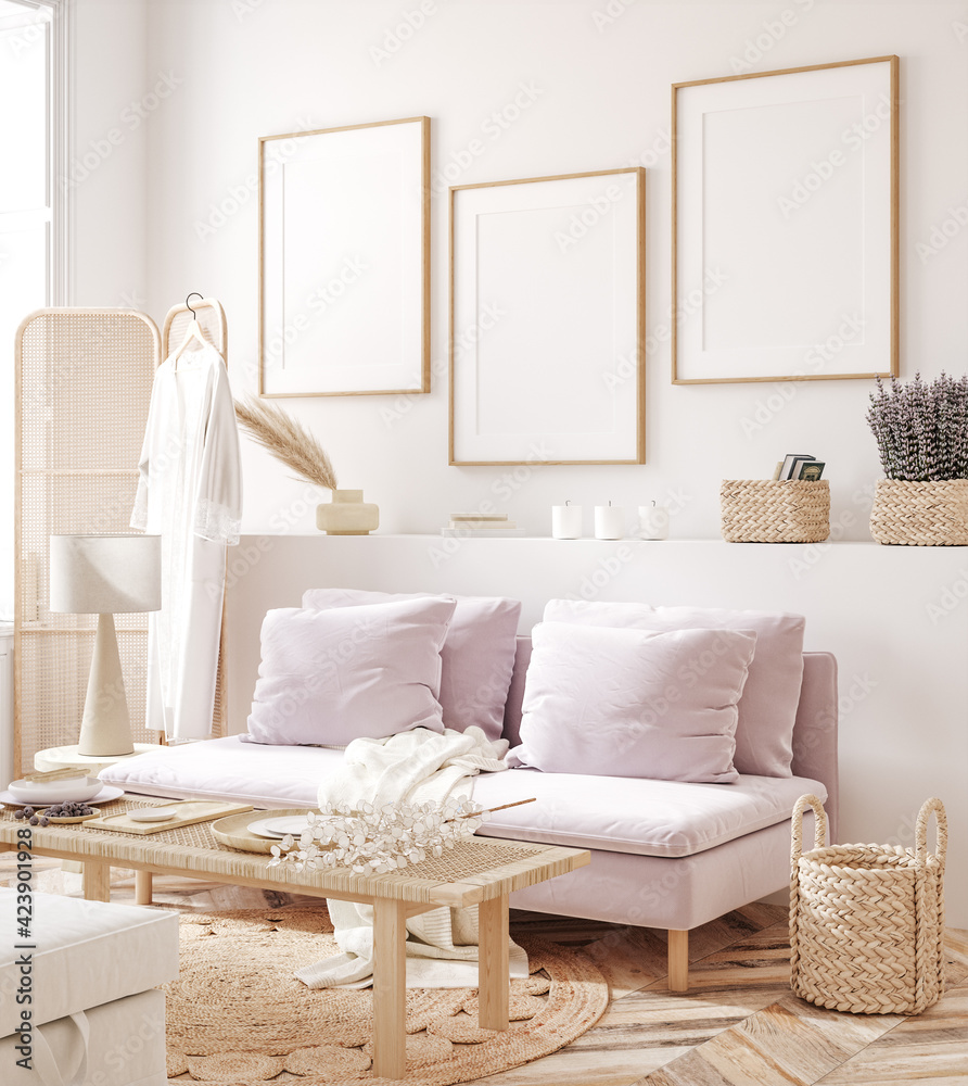 Frame mockup in fresh spring living room interior background, 3d render - obrazy, fototapety, plakaty 