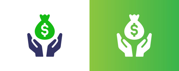 Poster - Hand holding money bag of dollar vector illustration on white and green background.