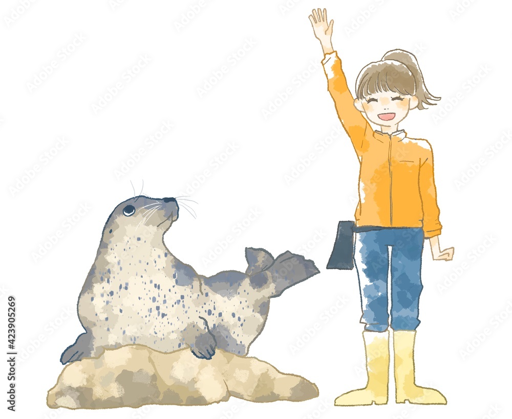 Fototapete 水族館でアザラシのショーをする飼育員さんのイラスト Hirose