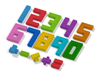 Colorful toy building blocks numbers and mathematic operation symbols 3d