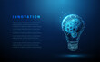Abstract blue glowing light bulb with gears inside. Artificial intelligence and machine learning concept.
