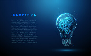 abstract blue glowing light bulb with gears inside. artificial intelligence and machine learning con