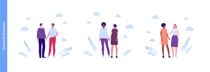 Wall Mural - Inclusion and diveristy concept. Vector flat people multiracial character illustration. Happy male and female lgbtq couples holding hands. Homosexual relationship and friendship.