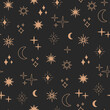 Boho astrology and star seamless pattern, magic celestial night concept, moon and sun objects, bohemian symbols. Gold line art, modern trendy vector illustration in doodle flat style, black background