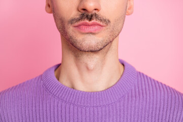 Canvas Print - Cropped closeup view portrait of attractive groomed guy unshaven chin isolated over pink pastel color background