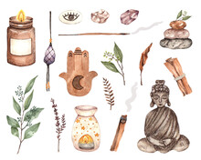 Watercolor Meditation Elements Yoga Relax Peaceful Buddha Palo Santo Gems Candle Incense Sticks Stay Home