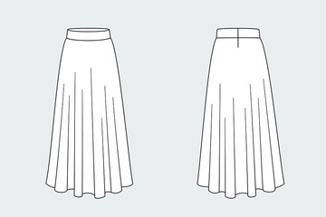 Wall Mural - Female long pleated skirt vector template isolated on a grey background. Front and back view. Outline fashion technical sketch of clothes model.
