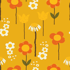 Poster - Retro multi flowers vector seamless repeat pattern print background