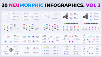 Neumorphic vector infographics. Circle diagrams. 3, 4, 5, 6, 7, 8 steps. Presentation slide template. 