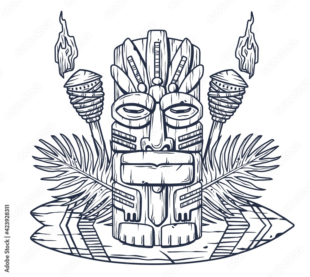 Vector de Stock Set of trendy hawaii wooden tiki mask for surfing bar.  Traditional ethnic idol and hawaiian surf, maori or polynesian. Old tribal  totem torch | Adobe Stock, image size:1000x891