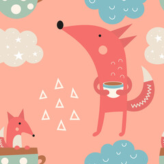 Wall Mural - Boho seamless pattern. Cute little fox and clouds. Vector kids illustration for nursery design. Foxes pattern for baby clothes, wrapping paper.