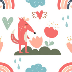 Wall Mural - Boho seamless pattern. Cute little fox, rainbow and flowers. Vector kids illustration for nursery design. Foxes pattern for baby clothes, wrapping paper.