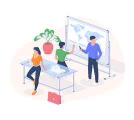 Poster - Experts explore online coverage areas isometric concept. Male characters analyze network activity on world map. Female character is reading latest data. Teamwork achieve success realistic vector.