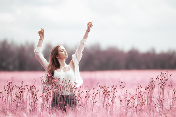 pink field girl freedom, nature springtime summer nature portrait