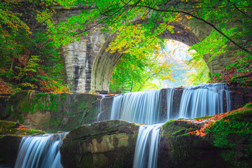 Wall Mural - waterfall landscape - river waterfall in colorful mountain forest with old brige