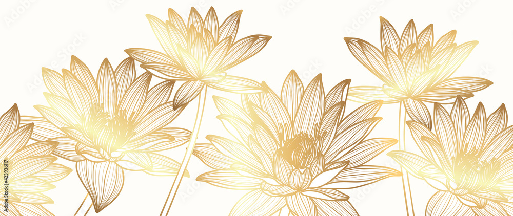Luxury Gold lotus background vector. Golden Lotus line arts design for wallpaper, wall arts, fabric, prints and background texture, Vector illustration. - obrazy, fototapety, plakaty 
