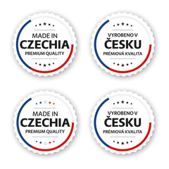 Wall Mural - Set of four Czech labels. Made in Czechia In Czech Vyrobeno v Česku. Premium quality stickers and symbols with stars. Simple vector illustration isolated on white background