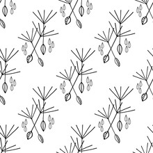 Dandelion Seeds Seamless Vector Pattern Background. Floating Folk Art Style Bouquets Of Herbacious Garden Or Field Wildflowers Black White Backdrop.Modern Hand Drawn Doodle Line Art.Botanical Repeat