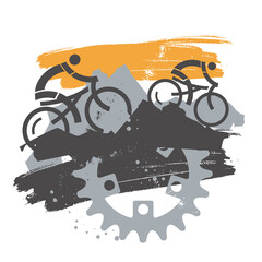 Wall Mural - Mountain bikers, mountain trip, bicycle chainring.
Expressive  grunge stylized illustration of mountain bike cyclists and Gear. Vector available.