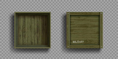 Wall Mural - Empty open and closed green military wooden boxes.