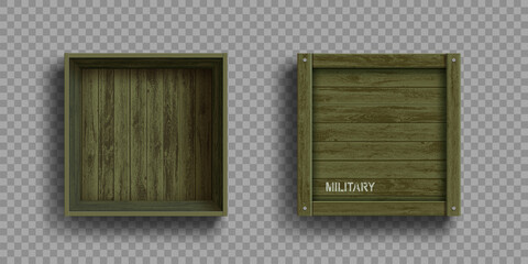 Poster - Empty open and closed green military wooden boxes.