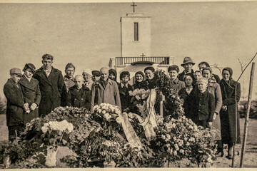 Wall Mural - Latvia - CIRCA 1930s: People at funeral ceremony. Group photo in cemetery. Vintage archive Art deco era photo