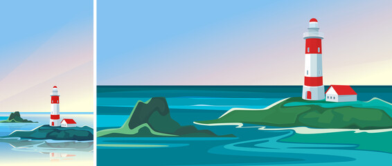 Wall Mural - landscape with lighthouse at dawn. seascape in vertical and horizontal orientation.