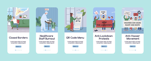 Poster - new normal during covid onboarding mobile app screen flat vector template. virus spread prevention. 