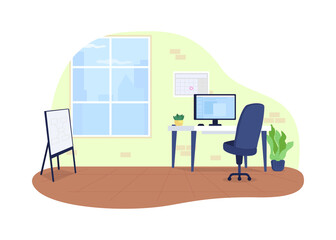 Fototapete - Office space 2D vector web banner, poster. Workplace flat scenery on cartoon background. Desktop with computer. Business company. Corporate place printable patch, colorful web element