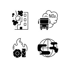 Sticker - Air pollution black linear icons set. Construction sites are polluting air wirh dust and other toxic materials. Glyph contour symbols. Vector isolated outline illustrations