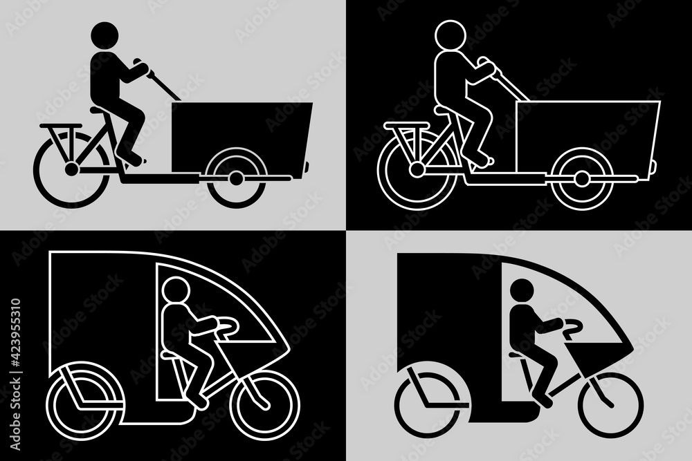 Pictogramme d’une silhouette d’un personnage sur un vélo cargo et sur un triporteur décliné en 4 images noires ou blanches. - obrazy, fototapety, plakaty 